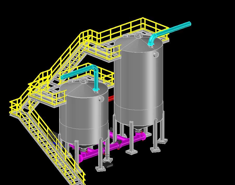 Projecto desenvolvido em Plant 3D, contemplando a modelação 3D de tanques, tubulações, bombas, plataformas, escadas e estruturas de acesso. O modelo proporciona maior precisão no projecto , reduz interferências e facilita a fabricação, montagem e manutenção.