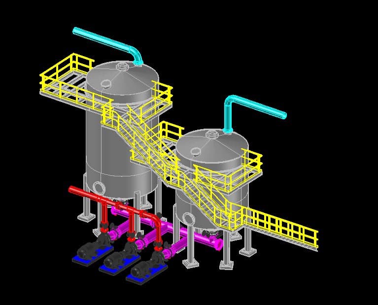 Projecto desenvolvido em Plant 3D, contemplando a modelação 3D de tanques, tubulações, bombas, plataformas, escadas e estruturas de acesso. O modelo proporciona maior precisão no projecto , reduz interferências e facilita a fabricação, montagem e manutenção.
